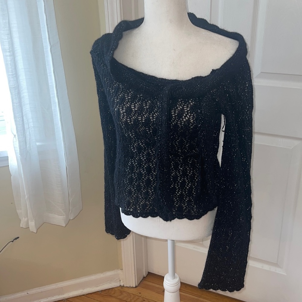 EUC Betsey Johnson off the shoulder black and silver sweater Large